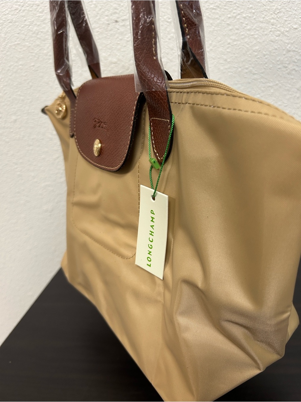 Longchamp Le Pliage Medium Tote Bag in Beige with Brown Trim - Picture 3 of 6